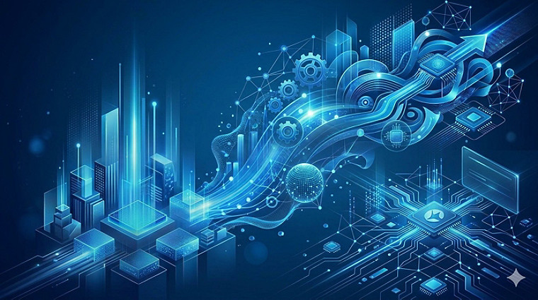 Young person with headphones on looking forward with abstract blue and yellow wave behind them