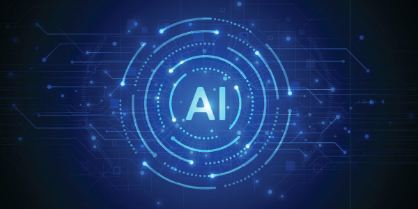 Artificial intelligence (AI) digital interface featuring blue data circuits, machine learning technology and futuristic innovation concept.