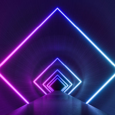  Neon purple and blue geometric light tunnel with glowing diamond-shaped frames creating a futuristic corridor.