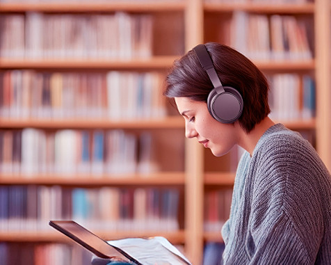 A woman sitting in front of wall of library books, on her headphone looking at laptop.