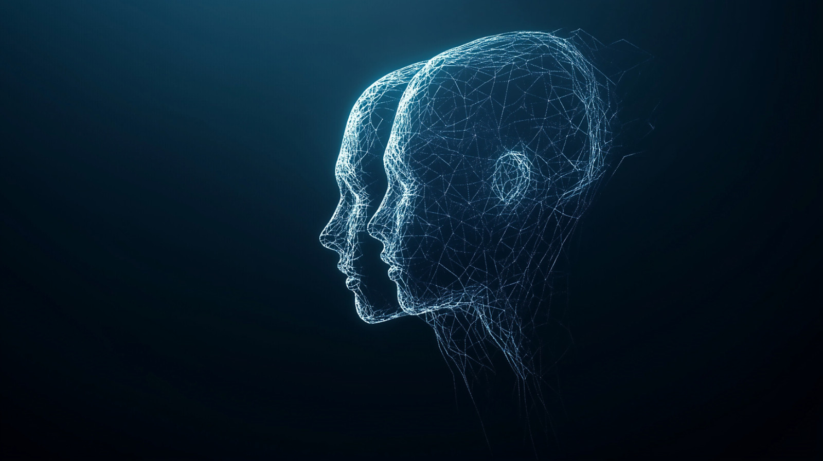 Digital Twins: A futuristic, abstract composition features two ethereal, digitally rendered human profiles, side by side, composed of shimmering particles against a deep blue backdrop.