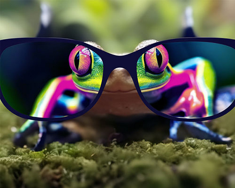 A frog was placed in front of colored glasses