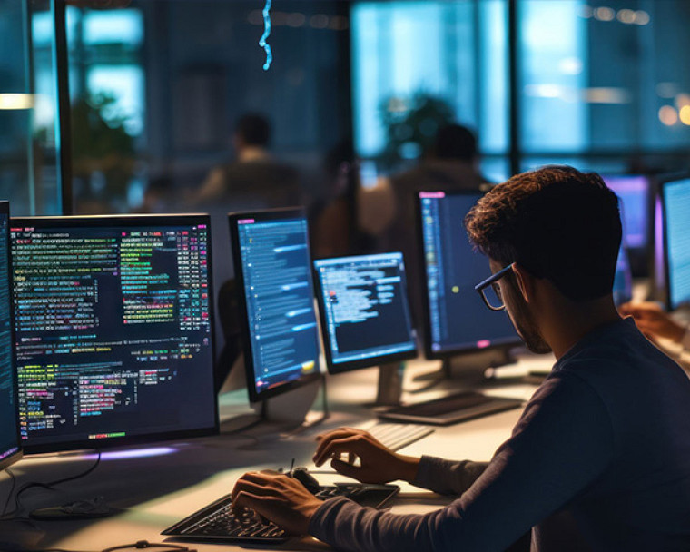 A man focused on a computer, working with multiple monitors displaying various applications and data