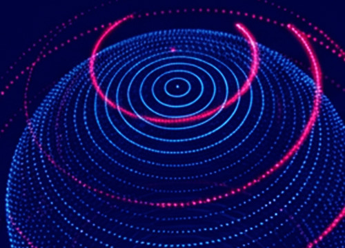 A blue digital globe with pink spherical lights around it