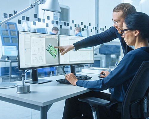 A man and woman discussing by looking at a monitor