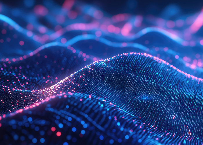 Abstract image of a dotted colorful particles forming mountain peaks
