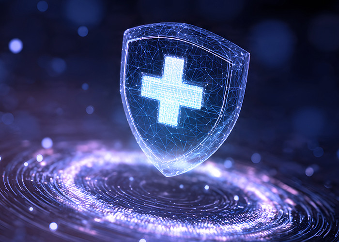 An abstract image of a security shield like glass structure hovering over circular particles that are brightly lit