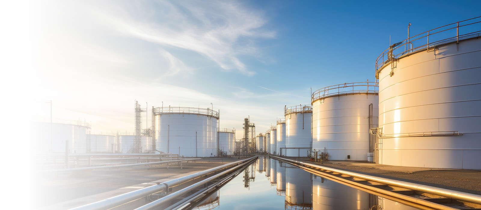 Rows of petroleum storage tankers