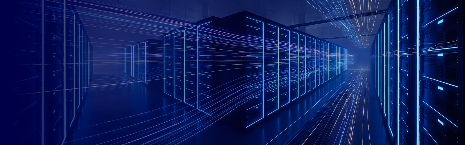 Enterprise data center with high-performance servers and data streams, representing Cognizant and Backup Exec partnership for secure backup, recovery, and data protection solutions