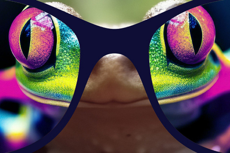 A frog was placed in front of colored glasses