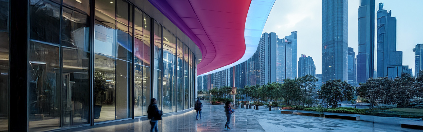 Modern cityscape with colorful canopy and tall buildings.