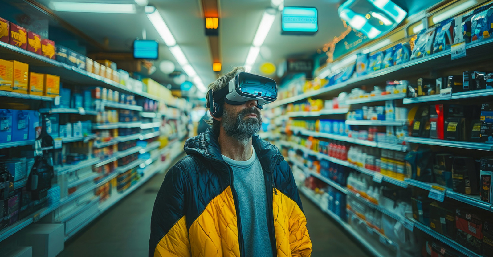 A man wearing VR glasses shops in a supermarket