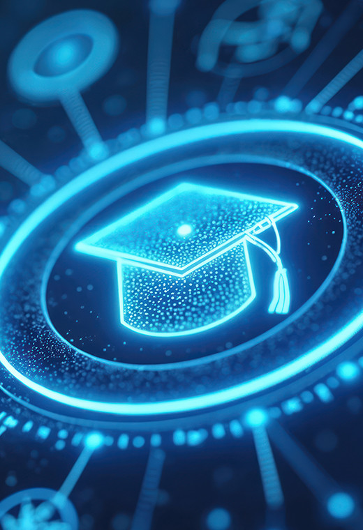 Digital illustration of a graduation cap over a glowing microchip