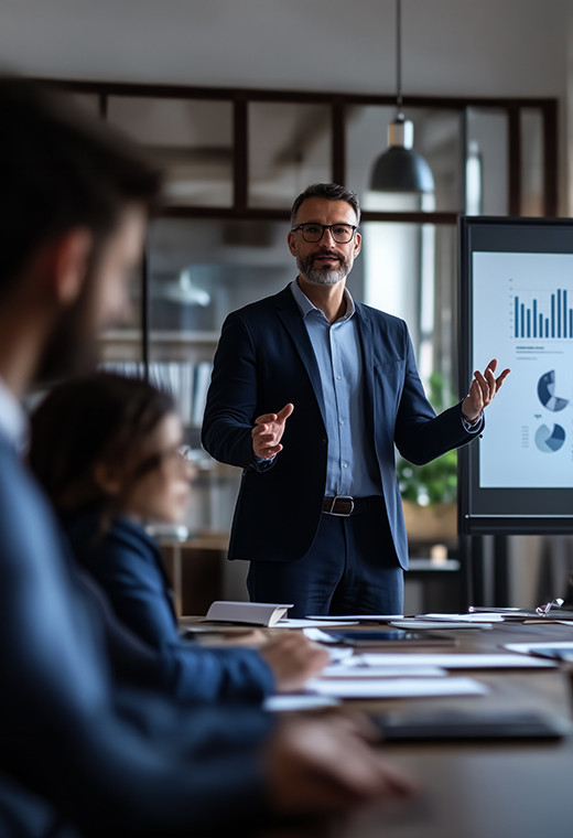 Man presenting data charts to colleagues in a meeting