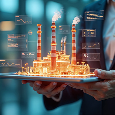 Hombre con tableta muestra fábrica digital y tecnología de ciudad inteligente.
