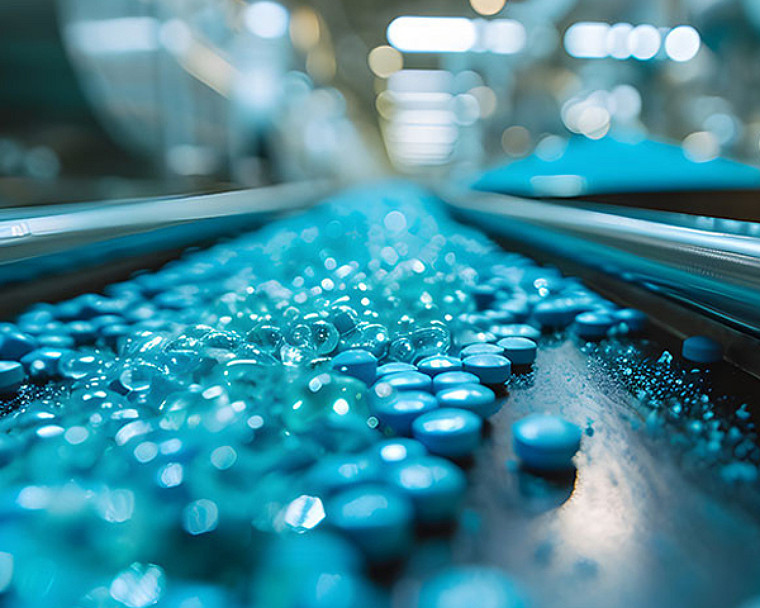 Blue pills moving along a conveyor belt in a factory