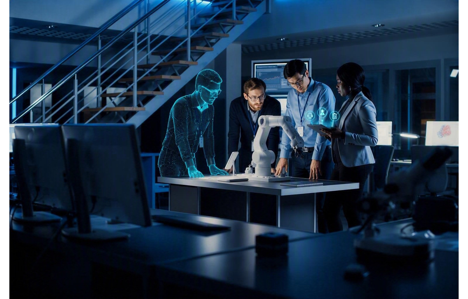 AI-powered team collaborating with robotic arm and digital twin