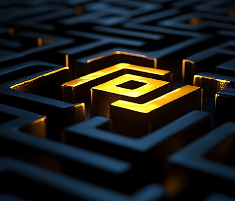 Glowing golden pathway highlighted within a dark maze, symbolizing navigation and intelligent problem-solving.