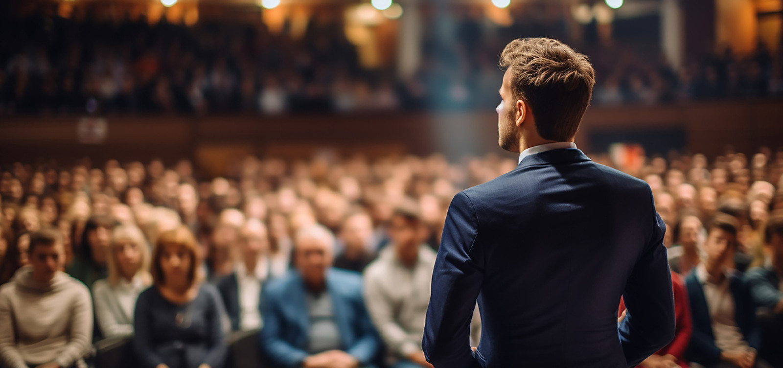 A person standing on a stage looking at the audience