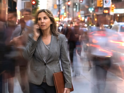 Businesswoman on phone walking through busy city street