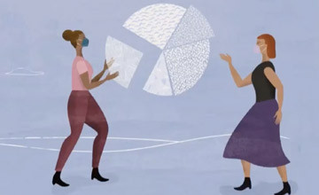 animated image of two women in formal attire wearing masks with a pie chart in the middle.