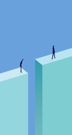 Conceptual illustration of two figures separated by a gap between platforms, representing the AI execution gap or business disconnect