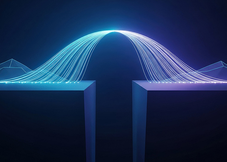 Illustration of glowing light strands forming a bridge between two platforms