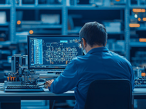 Backview of a man on his computer looking at monitor.