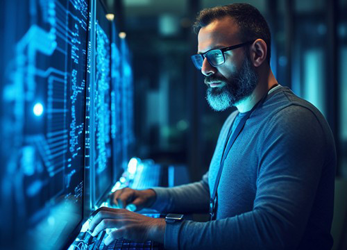 Person working at multiple computer screens with cybersecurity data