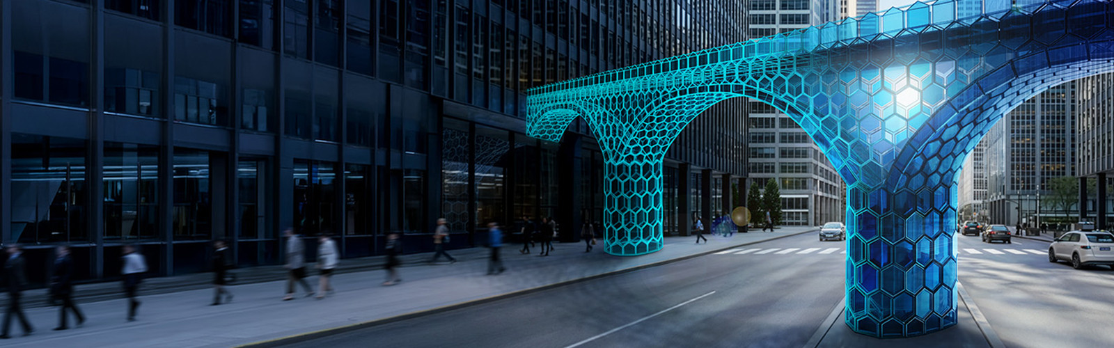 A blue overbridg connecting two buildings across a city street