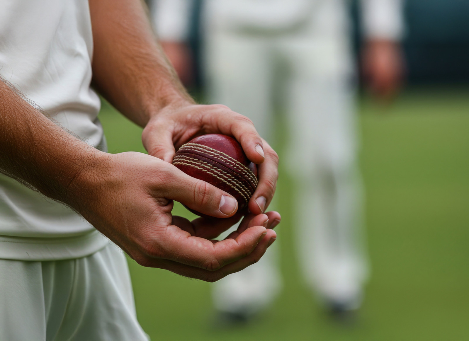 Closeup of cricketer holding leather ball.