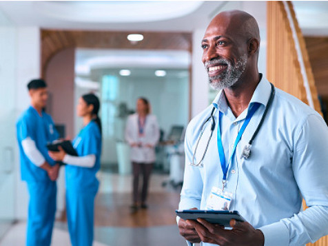 A smiling man with a stethoscope haging around his neck in the foreground and a couple of medical professionals in conversation in the background