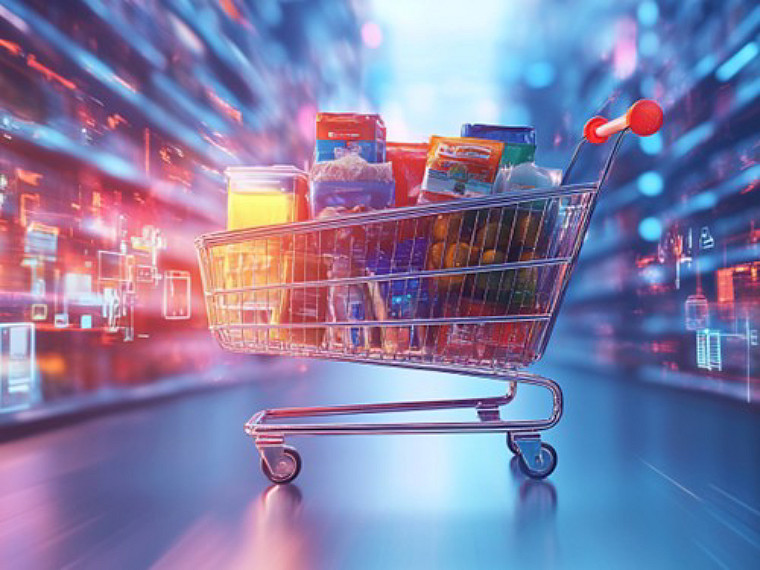 An overflowing shopping cart between two aisles in a retail store