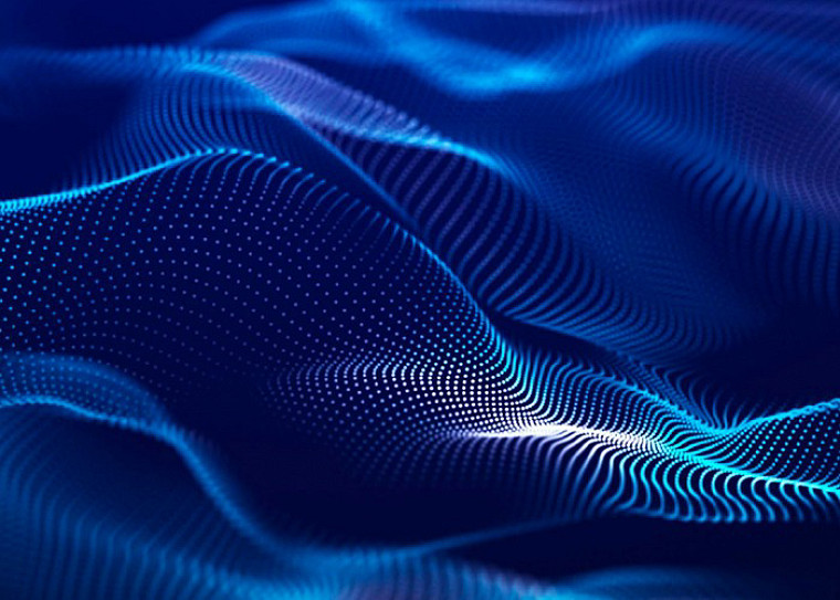 Abstract image of blue digital waves with dots on them