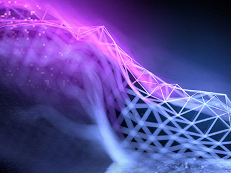 Abstract purple digital wave with geometric mesh forming flowing structure