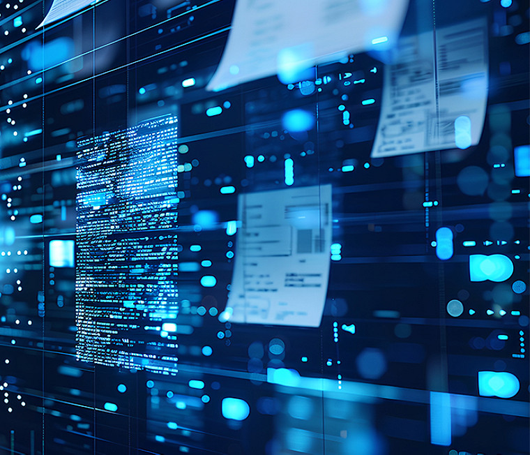 An abstract image of sticky notes on a digital screen wall
