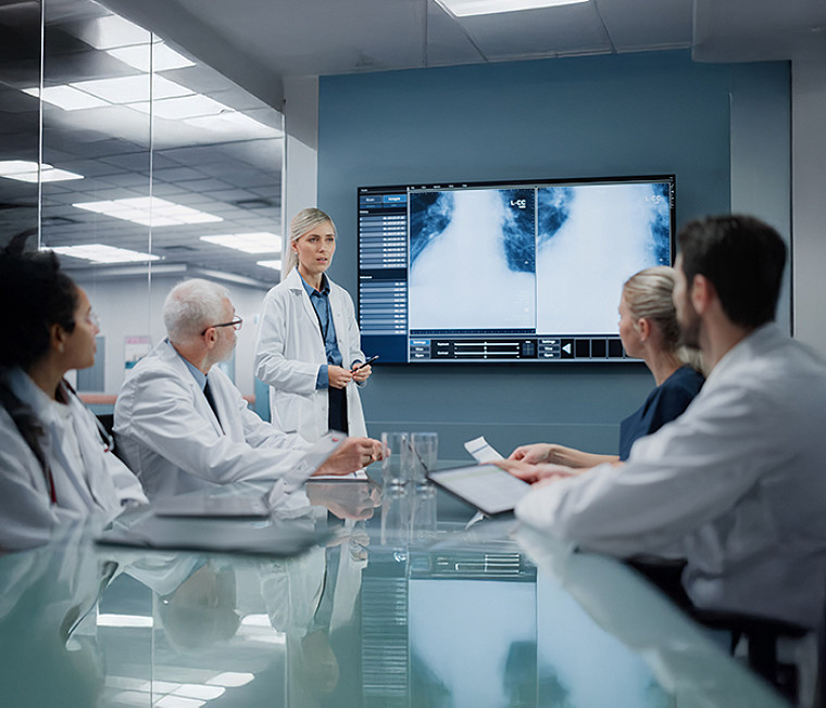 A female doctor giving a medical presentation in a meeting room