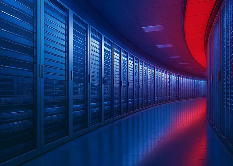 Abstract image of a curving walkway with servers on both sides