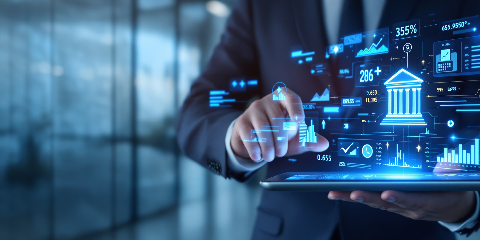 Person using tablet with digital banking and data graphics