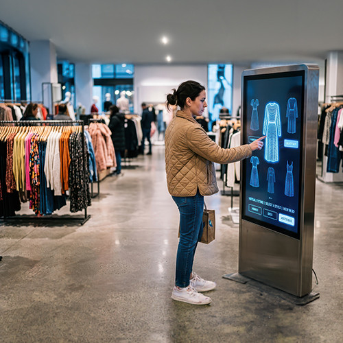 Shopper using an interactive digital kiosk for virtual outfit selection in a clothing store.