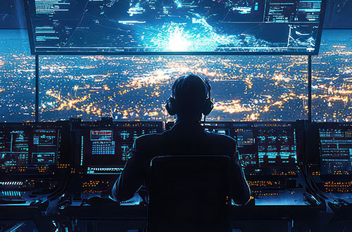 In a control room radar operators vigilantly track aircraft movements