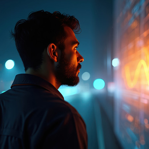 A man looking at a computerized graph.