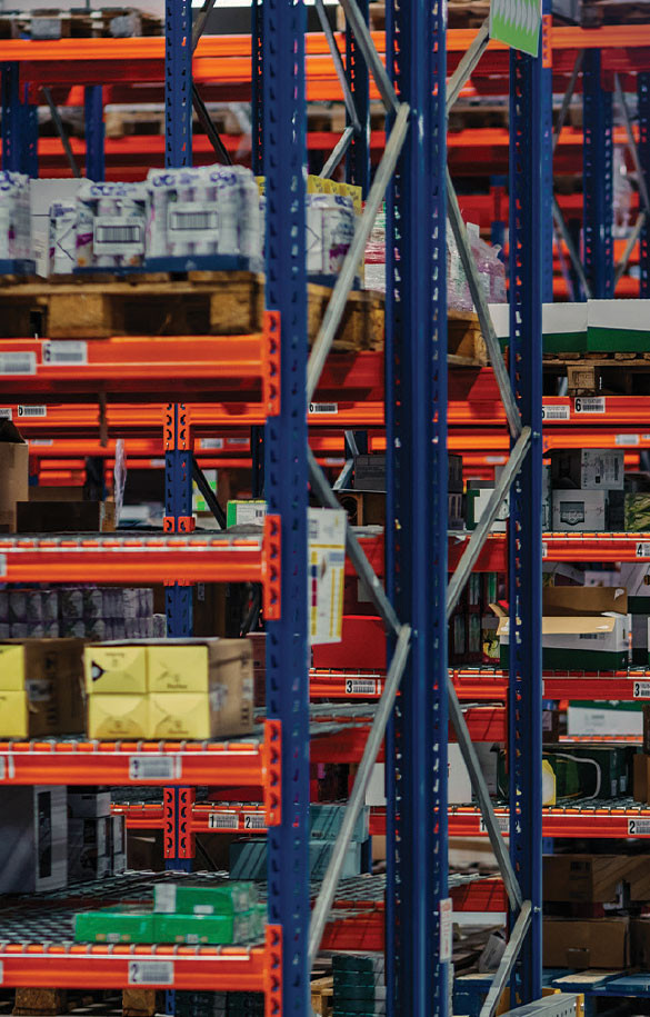 Consumer goods on warehouse shelves