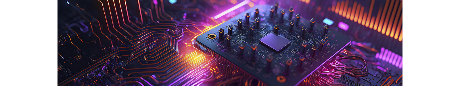 A detailed view of a computer motherboard featuring a striking purple glow, highlighting its complex electronic design.