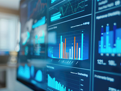 View of monitor screen with various graphs showing.