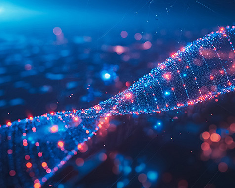 Digital DNA strand visualization with glowing data points and network connections