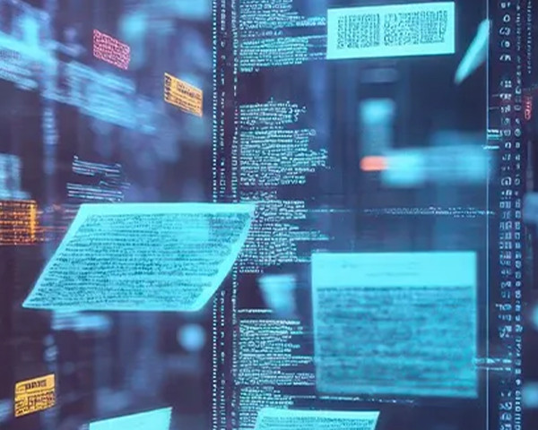 Abstract digital screens displaying code and data interfaces