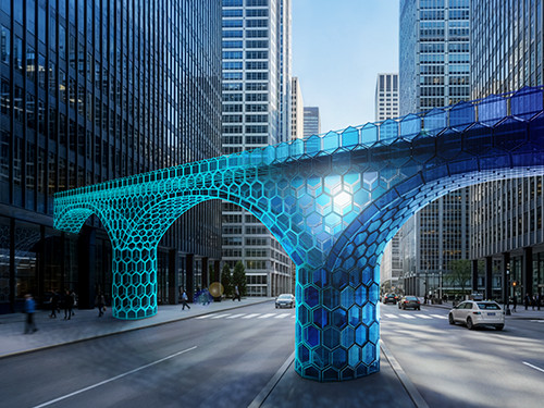 Futuristic hexagonal elevated roadway between tall city skyscrapers.