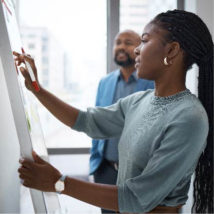 En afrikansk kvinna med flätor använder whiteboardtavlan på jobbet