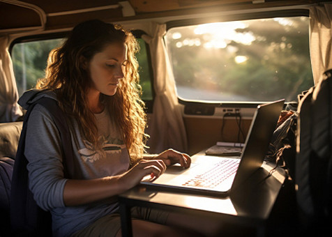 a woman using her laptop in camper van